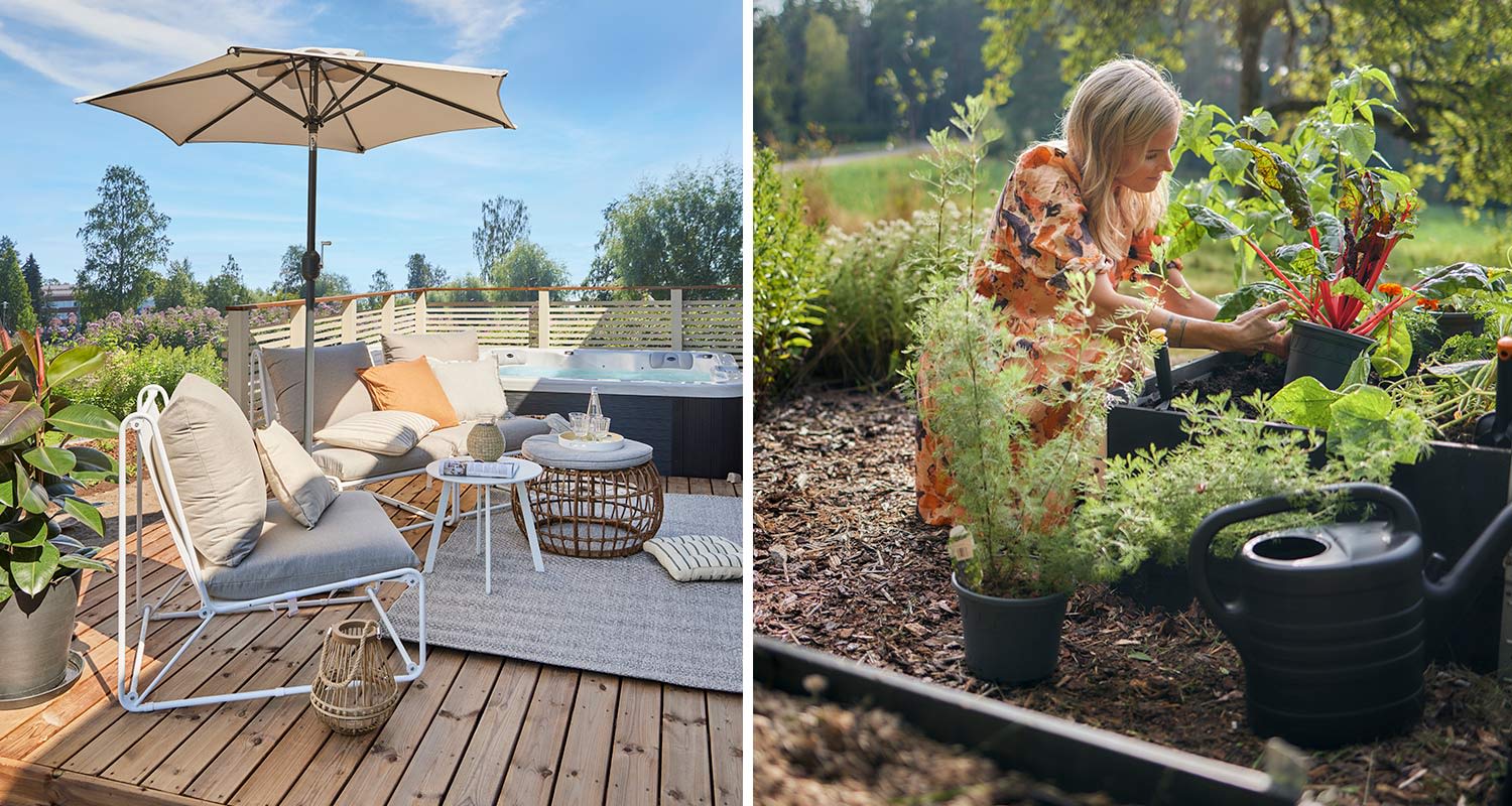 Puutarhakalusteet, Cello-ulkoporeallas sekä naisen istuttamassa kasveja, tuotteet K-Raudasta