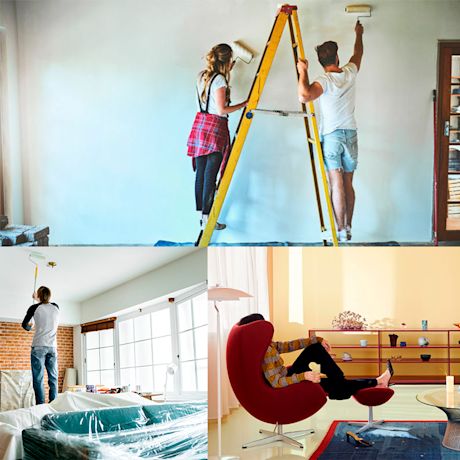 Valkoista seinää ja kattoa maalataan, punaisessa nojatuolissa rentoudutaan keltaisessa huoneessa.