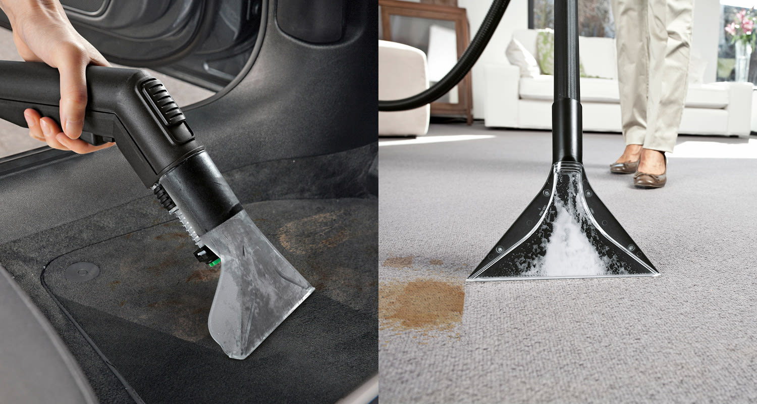 Käsipesuri imuroi auton tummaa mattoa vasemmalla, oikealla vaahto puhdistaa vaaleaa mattoa.