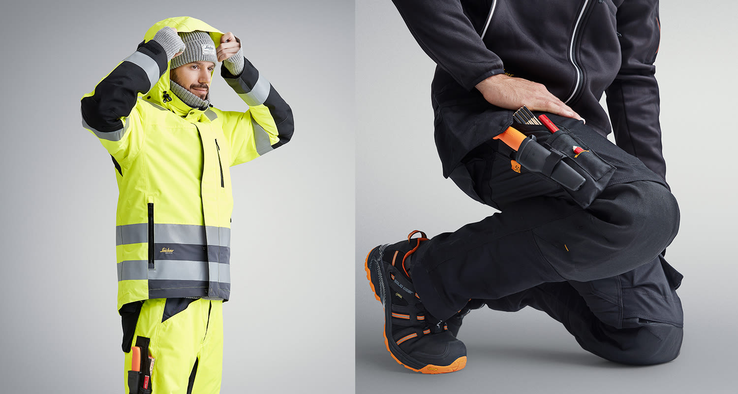 Snickers huomiotalvitakki ja mustat työhousut työmiehellä