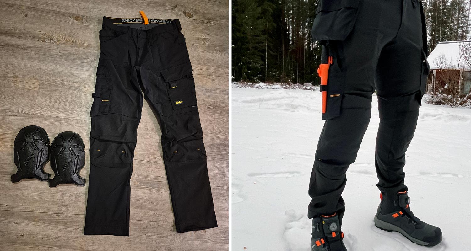 Kuvassa testaajalle menneet Housut Snickers 6275-0404 4-way stretch ja polvisuojat Snickers 9122-0604. Tuotteet K-Raudan valikoimista.