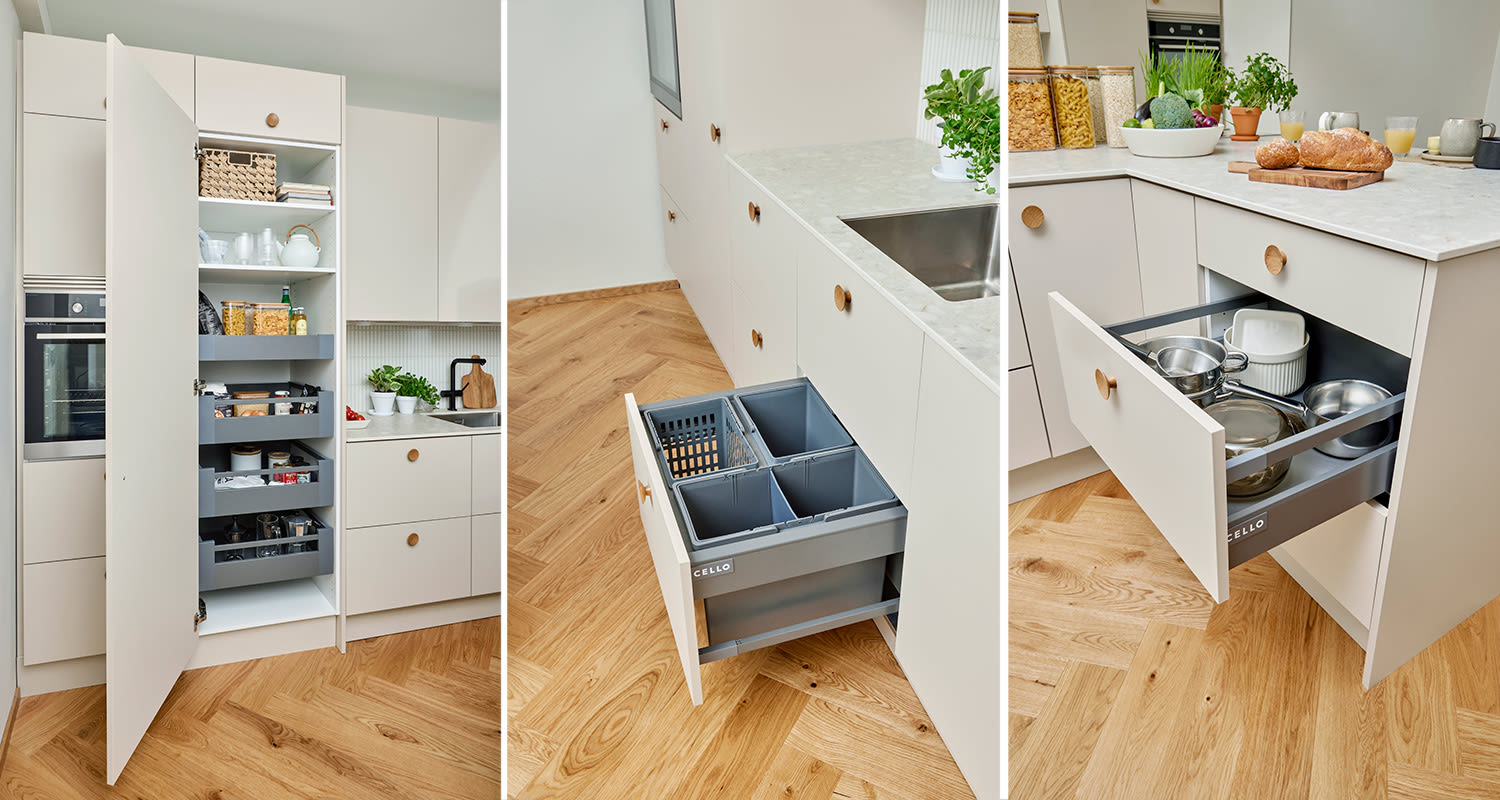 Keittiökaappeja avattuna. Kuvan keittiö hankittiin K-Raudasta Cello-keittiön valikoimista, samoin muut keittiön pintamateriaalit löytyvät K-Raudasta.