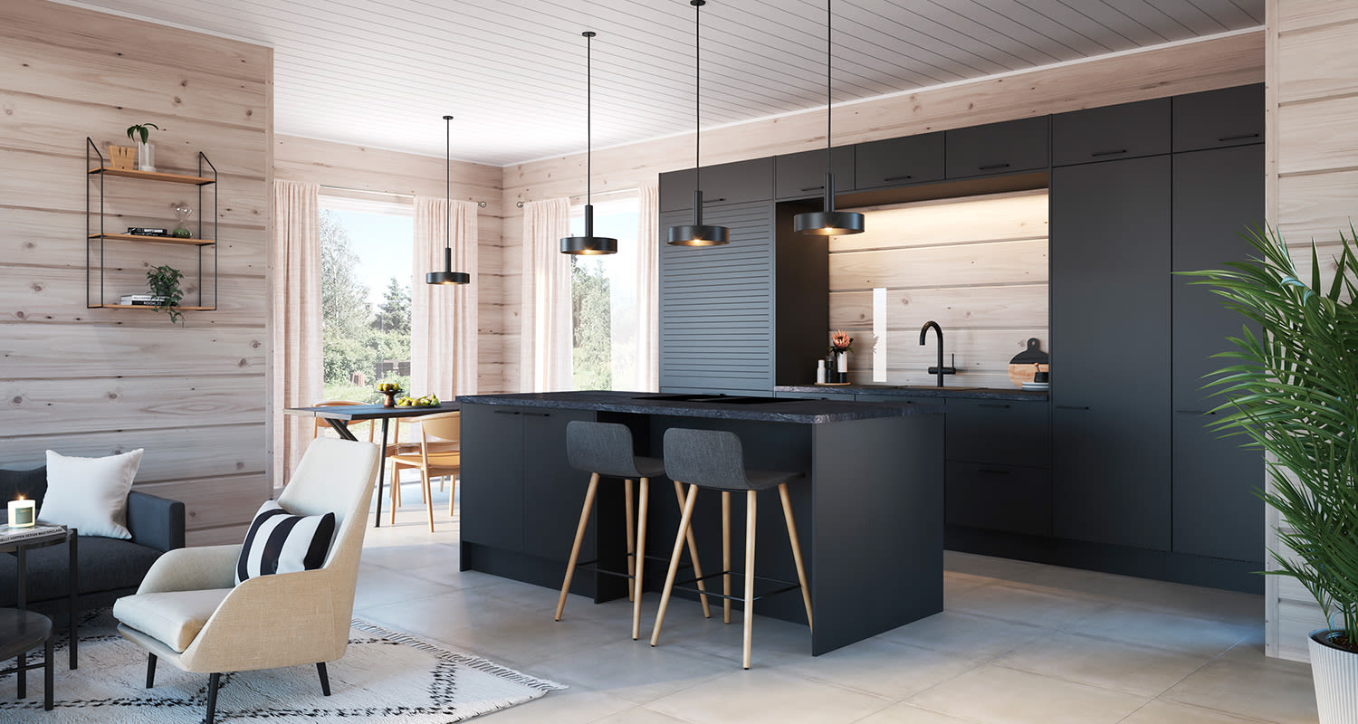 Vaaleapuisessa avokeittiössä musta saareke kahdella baarijakkaralla ja beige nojatuoli.