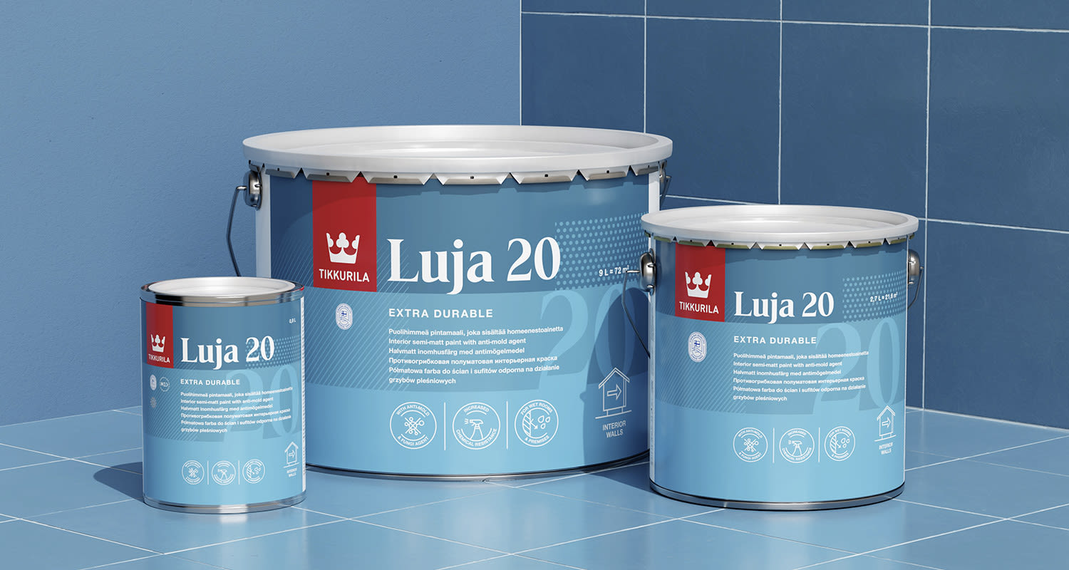 Tikkurilan Luja 20 -rakennusmaalisarjan pakkaukset, tuote myynnissä K-Raudassa