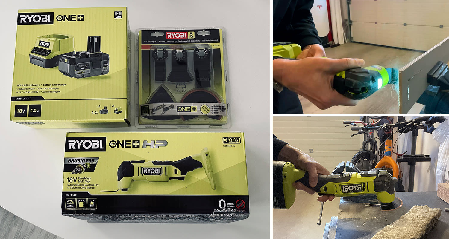 Kuvassa testaajalla kokeilussa Ryobin monitoimikone RYOBI RMT18X-0 18V ONE+ HP, akku ja laturi Ryobi RC18120-140X 18V sekä monitoimikoneen teräsarja Ryobi RAK05MT. Tuotteet löytyvät K-Raudasta.