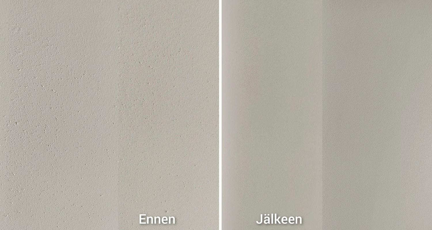 Seinä ennen varsihiomakonetta ja koneella hionnan jälkeen