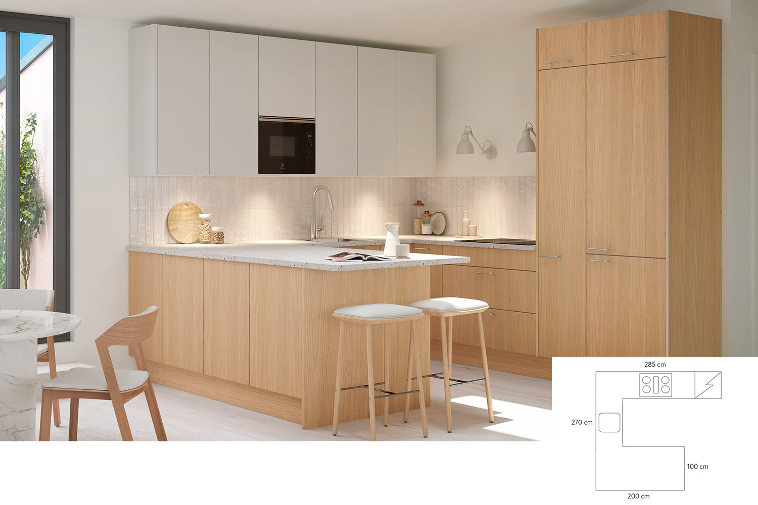 Cello-keittiöiden mallistot, kuvassa Hallila-Kumpula ovimallillinen keittiö. Cello-keittiöitä myy K-Rauta.