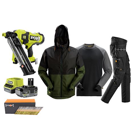 Testiin yhdelle onnekkaalle Ryobin akkukäyttöinen runkonaulain ja Snickers-työvaatteet