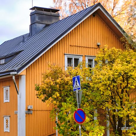 Vanhan omakotitalon keltainen julkisivu.