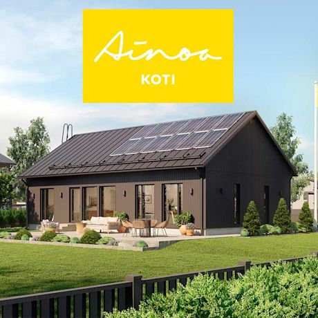 Keltainen Ainoa Koti-logo, tummanharmaa omakotitalo aurinkopaneeleilla, terassi ja nurmikko