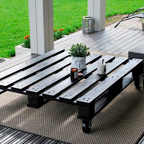 Musta puupöytä pyörillä terassilla, päällä viherkasvi, kynttilä ja valkoinen muki.