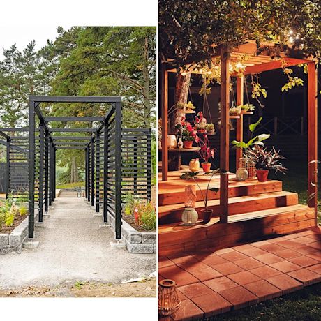 Tumma juoksupergola pihamaalla sekä pieni pergola terassilla