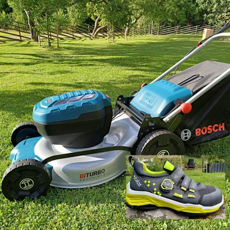 Kuvassa akkuruohonleikkuri Bosch GRA 18V2-46 Solo, akku- ja laturipaketti Bosch 18V 2x12,0Ah ProCore GAL 18V-160 ja turvakengät JALAS 2068 Tio