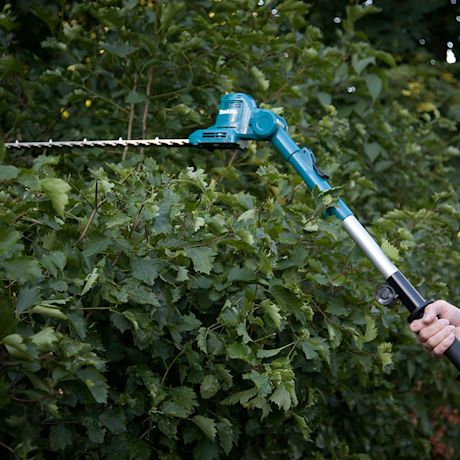 Testissä pensasleikkuri DUN461WZ 18V LXT Makitalta aitojen pensasaitojen leikkauksessa