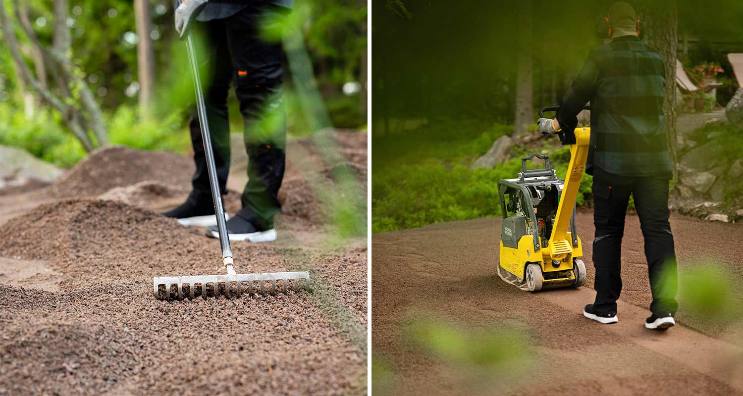 Henkilö haravoi ja tiivistää ruskeaa soraa keltaisella täryttimellä metsämaisemassa.