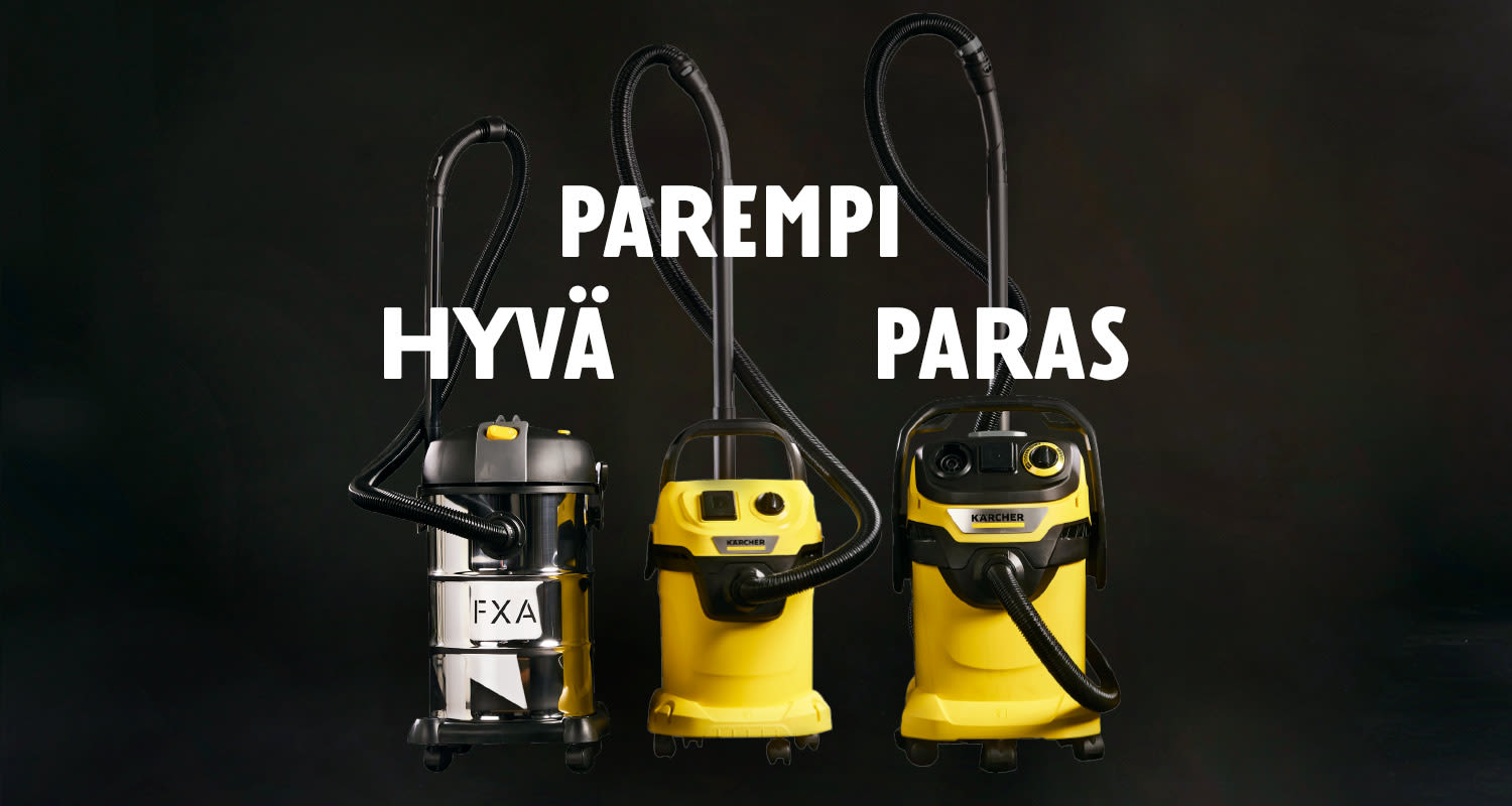 Hyvä, parempi ja paras märkä-kuivaimuri. Kuvassa yksi FXA:n ja kaksi Kärcherin märkä-kuivaimuria.