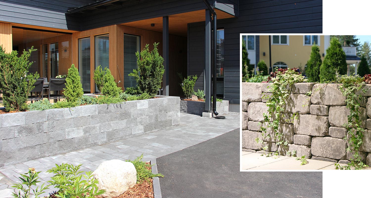 Muurikivistä tehty istutusallas terassin edessä ja muurikivistä tehty aita, muurikivet K-Raudasta