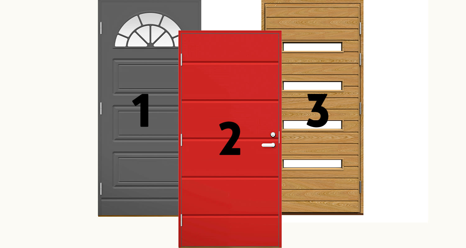 Kolme erilaista ulko-ovea: Harmaa Cello Premium -ulko-ovi, punainen Cello Premium -ulko-ovi sekä näyttävän ruskea Sydänpuu-ulko-ovi. Kaikki ovet ovat K-Raudan valikoimasta