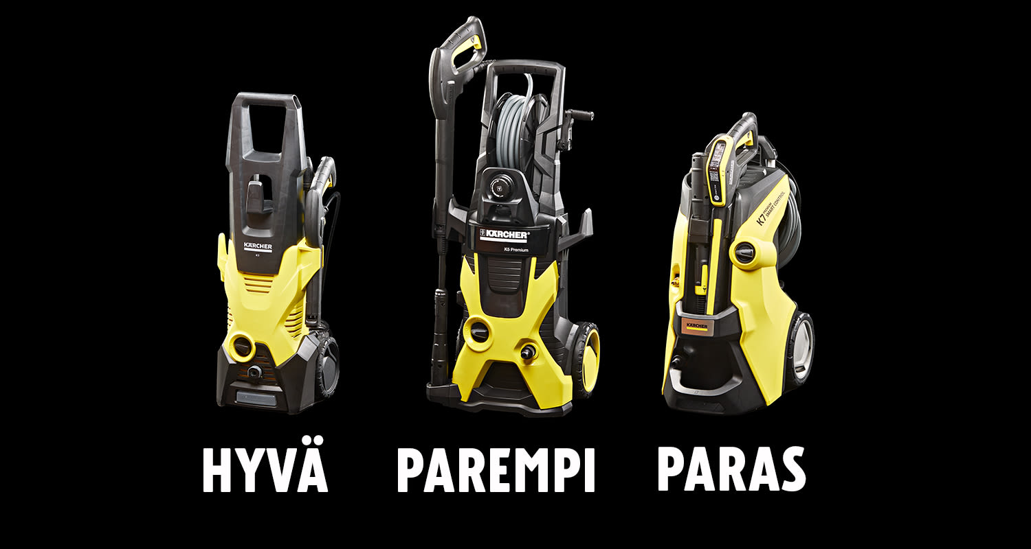 Hyvä, parempi vai paras painepesuri? Kuvassa kolme Kärcherin painepesuria.