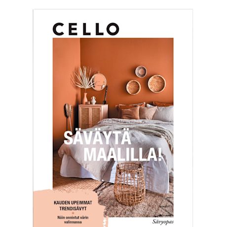 Cello Sävyopas 2021 kansikuva, jossa bohotyylisessä makuuhuoneessa terrakotan sävyiseksi maalattu seinä