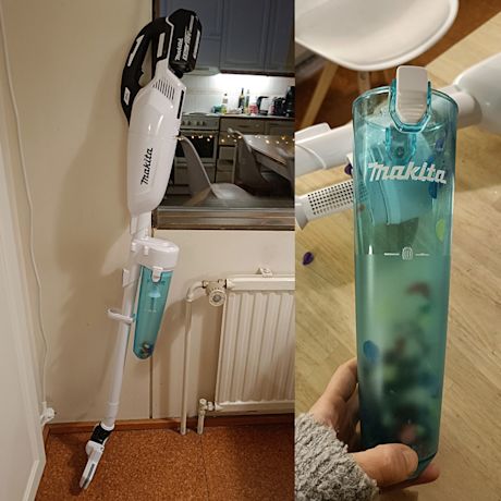 Testissä lapsiperheellä varsi-imuri Makita DCL283ZWX1 18V LXT, sykloni-varustus Makita valkoinen DCL28X-malleille sekä akku ja laturi Makita 191B51-7 18V LXT 1x5,0Ah. Kyseisiä tuotteita myy K-Rauta.