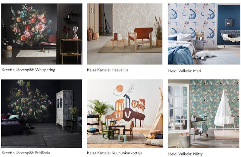 Kollaasissa näkyy sisustustapetteja: tummia kukkia, beigeä abstraktia, meriaiheita ja eläinpiirroksia.