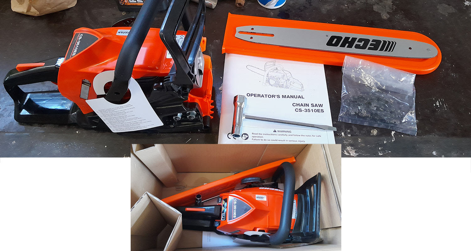Moottorisaha Echo CS-3510ES -pakkauksessa oli kaikki tarvittava