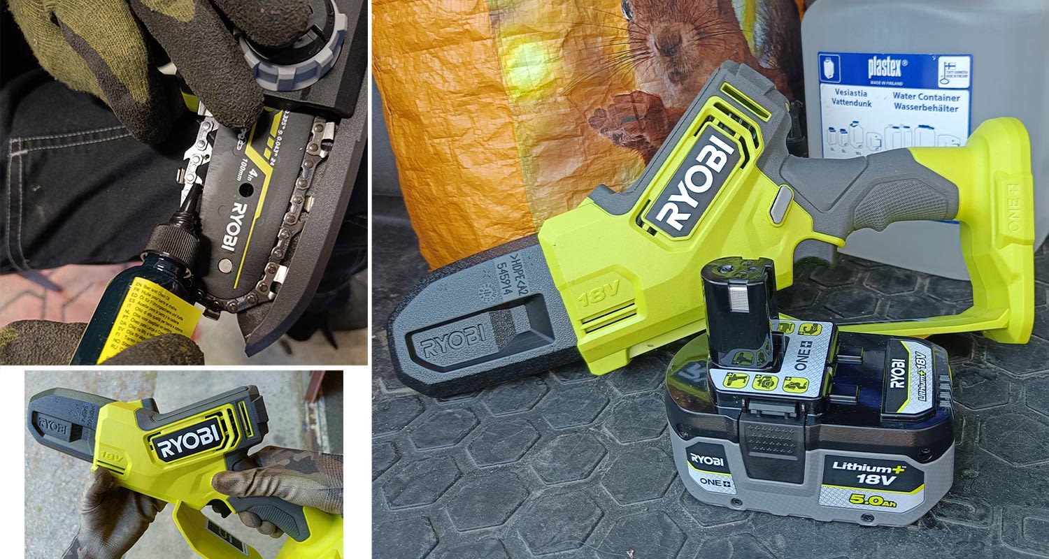 Kuvassa testikäytössä Ryobin oksasaha RY18PSX10A-120 18V ONE+ 1x2,0Ah. Tuote löytyy K-Raudan valikoimista.