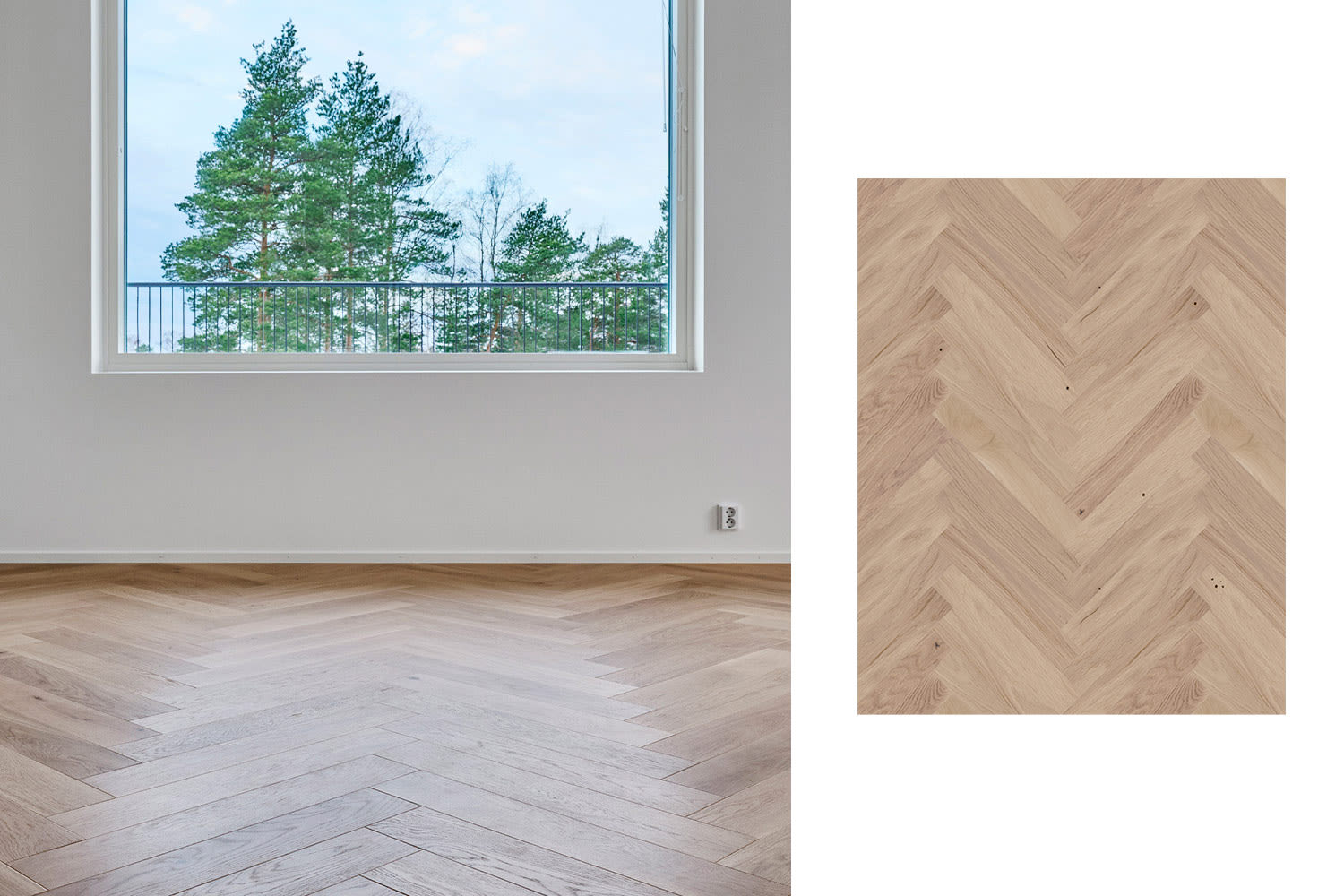 Olohuoneen lattiassa on kaunis K-Raudan Cello-sarjan kalanruotoparketti, värinä Balos.