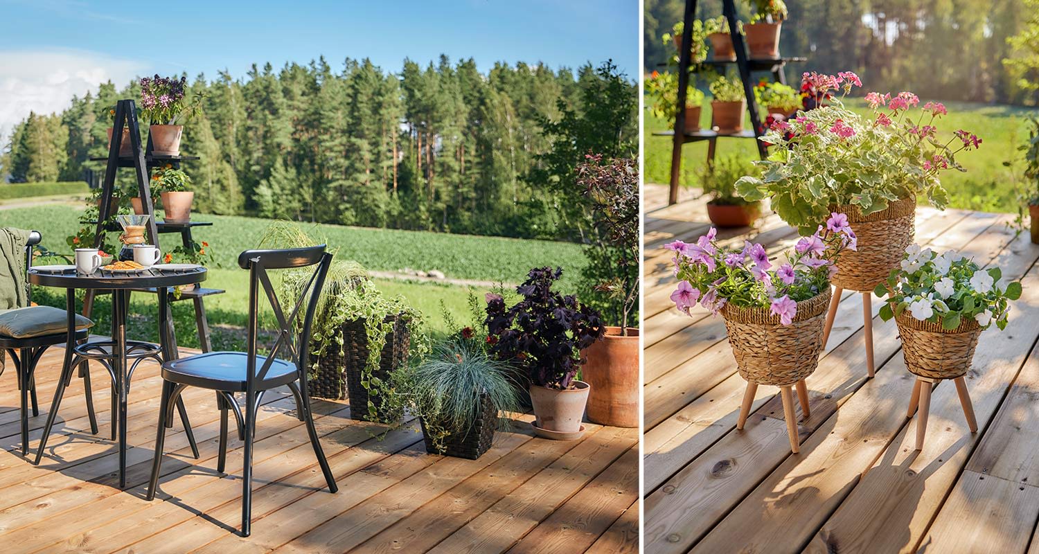 Ruukkuistutukset rajaamassa terassia, kasvit ja ruukut K-Raudasta