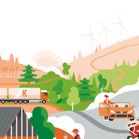 Kukkuloilla metsää ja tuulivoimaloita, siltaa pitkin rekka ja nainen lataa oranssia autoa