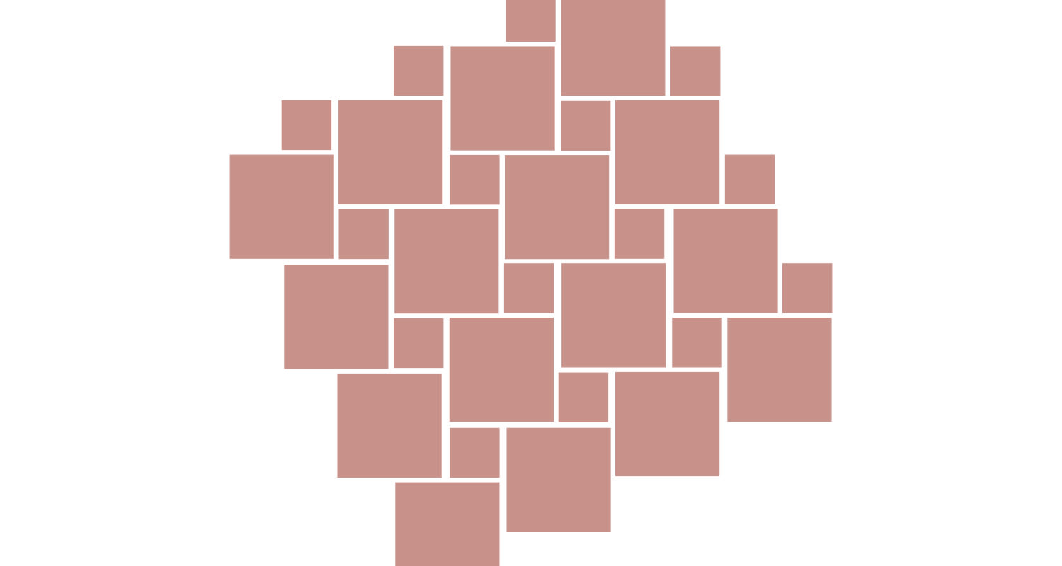 Valkoisella taustalla ruusukultaiset erikokoiset neliöt tiiviissä ryhmässä