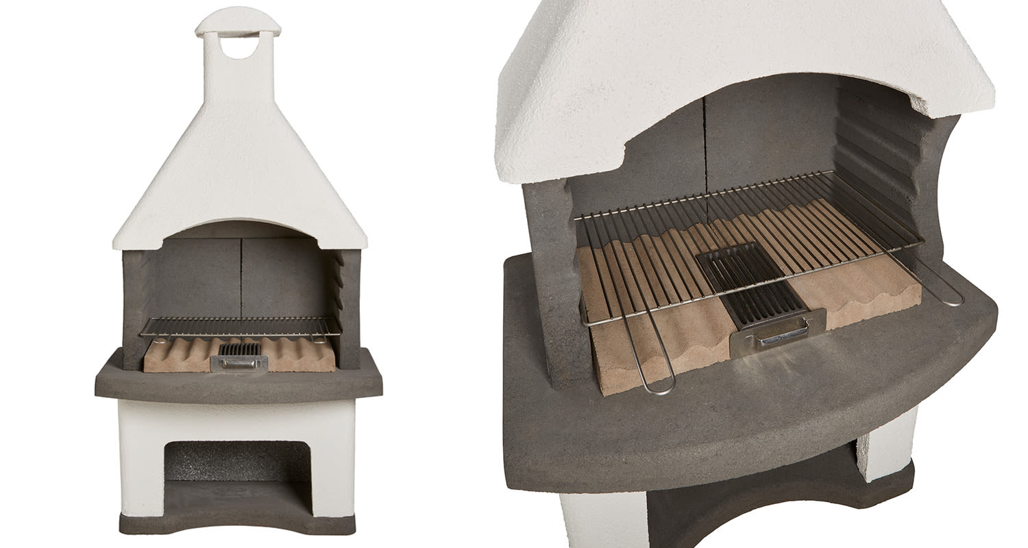 Valko-harmaa betoninen ulkogrilli metalliritilällä ja piipulla, alaosassa puutila.