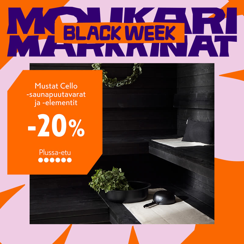Kuvassa black week kampanjan logo sekä erillinen kuva jossa mustia saunapuita Cello-brändiltä.
