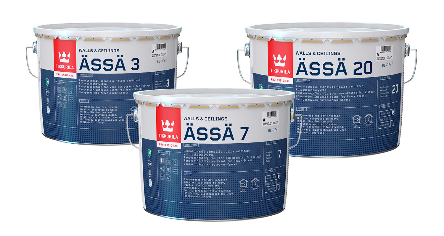 Tikkurilan ammattikäyttöön tarkoitetut Ässä-sarjan 9 litran pakkauskoot