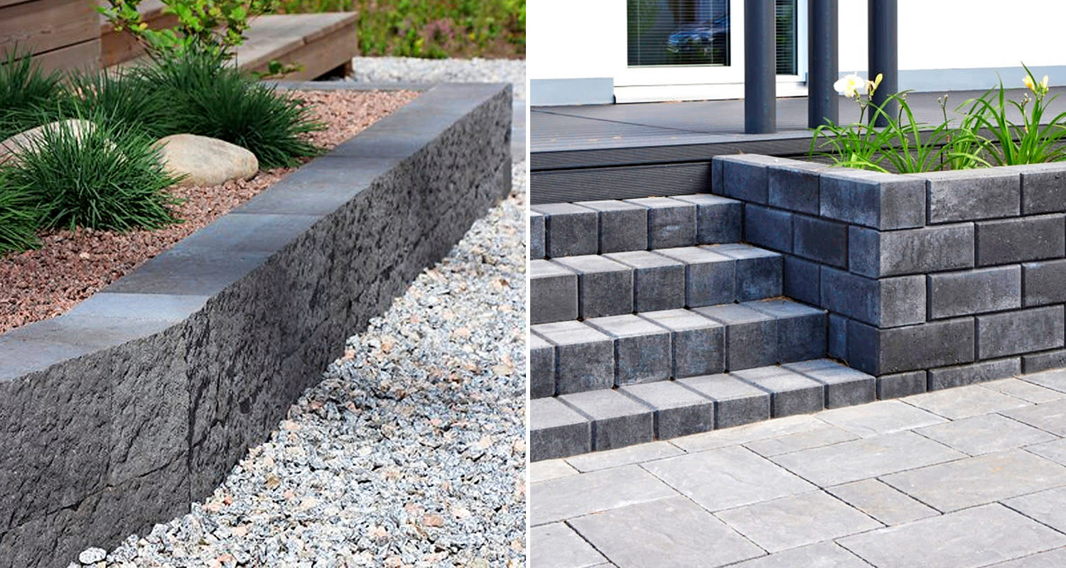 harmaa muurikivi pihalla reunustamassa istutuksia ja portaiden vieressä