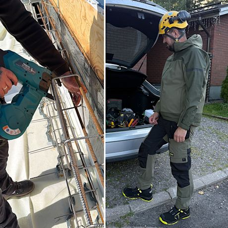 Makita TR001GZ XGT 40V -akkusidontakone sitoo raudoitusta ja ammattilainen Snickers-työasussa.