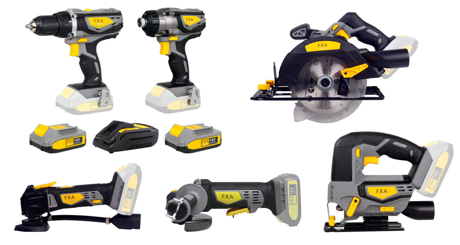 Mustakeltainen FXA 18V akkutyökalusarja: porakoneet, pyörösaha, kulmahiomakone, pistosaha ja akut