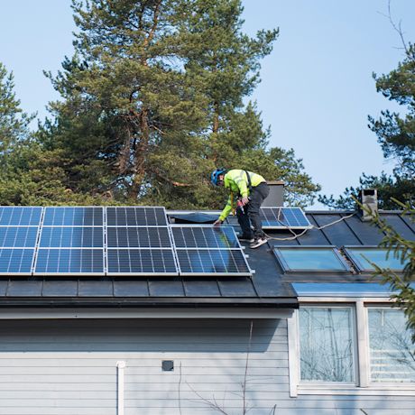 Kypäräpäinen työmies asentaa katolla aurinkopaneeleita mustan katon ja mäntyjen taustalla.
