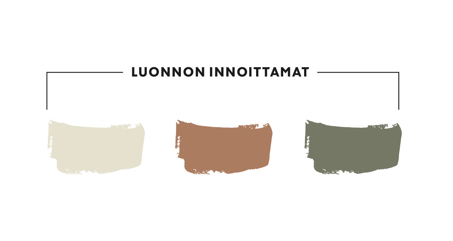 Otsikko "Luonnon innoittamat" ja kolme maalilastua: vaalea beige, punaruskea, oliivinvihreä.