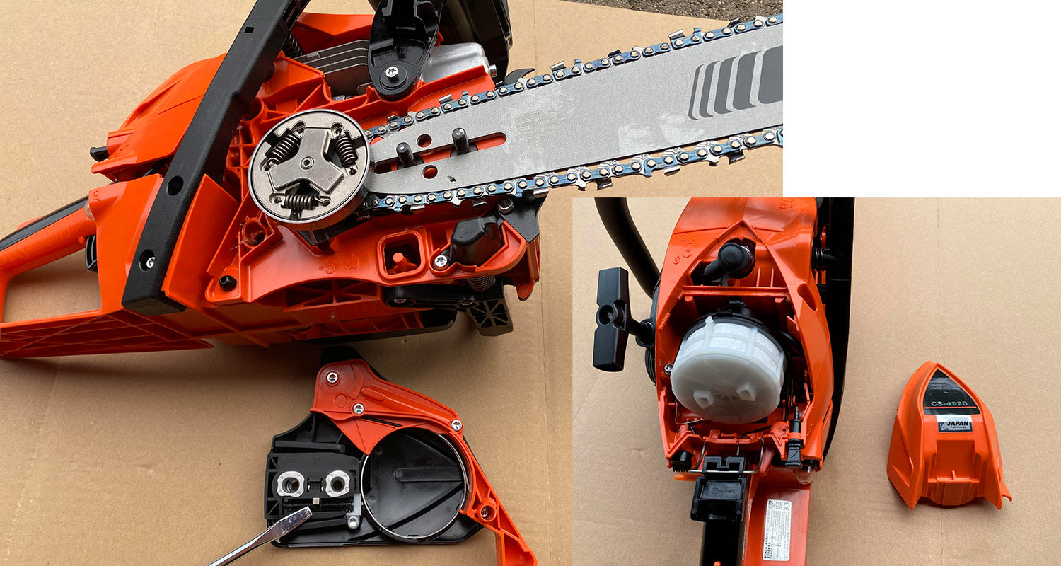 Echo-moottorisahan CS 4920 -mallin yksityiskohdat: ketjusuoja ja huoltokohteet