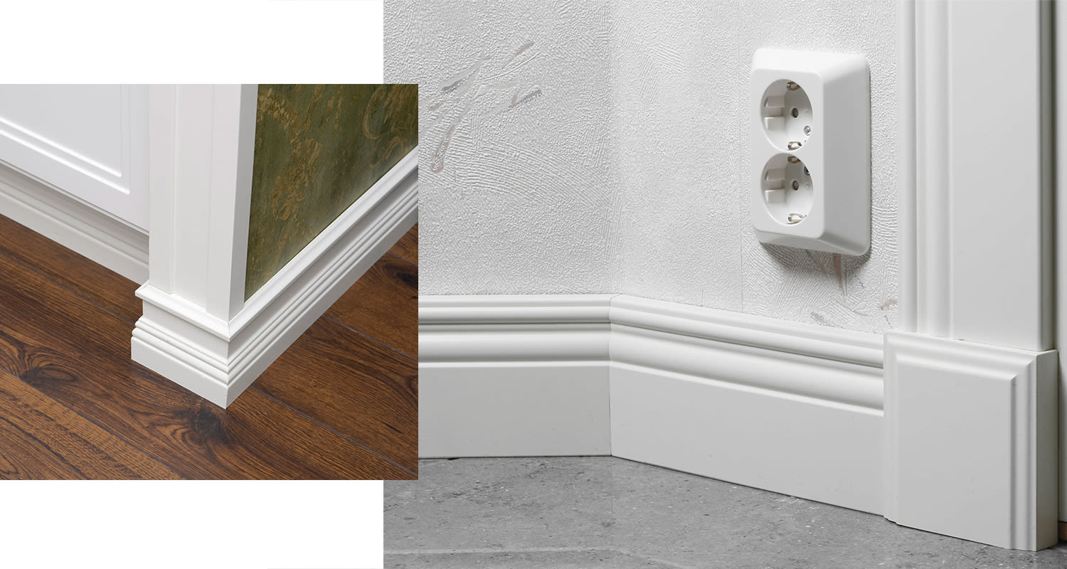 Valkoinen jalkalista, jossa on profiilia ja vanhanajan tunnelmaa