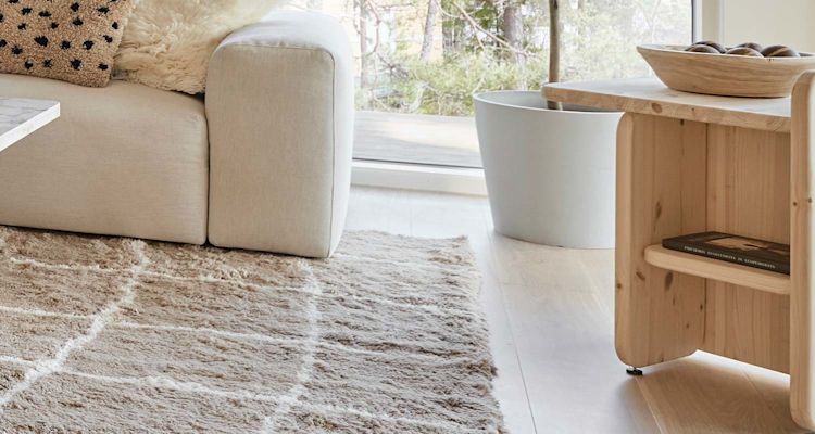 Vaalea sohva ja pöytä, beige matto, puinen sivupöytä hedelmäkulholla ja iso ruukku ikkunan edessä.