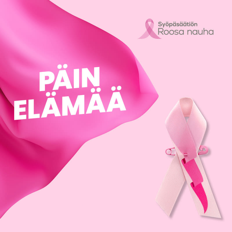 Kuvassa vuoden 2025 Roosa nauha -kampanjan nauha sekä lippu ja teksti Päin elämää.