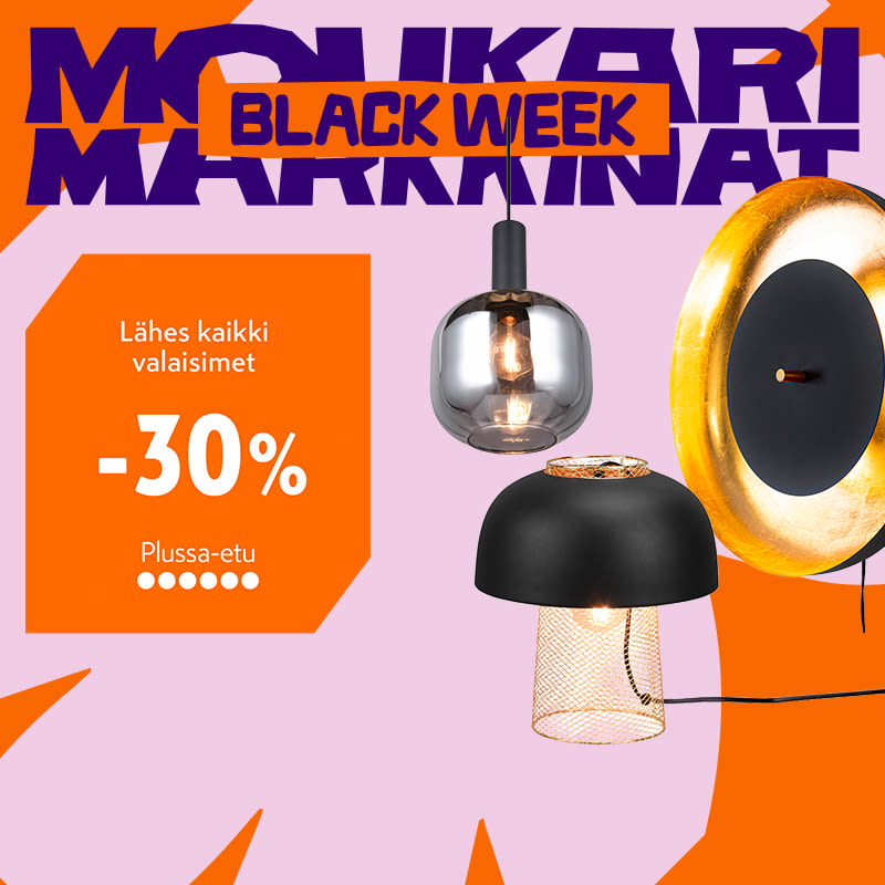 Kuvassa black week kampanjan logo sekä erilliset kuvat valaisimista, joita kuuluu kampanjaan.