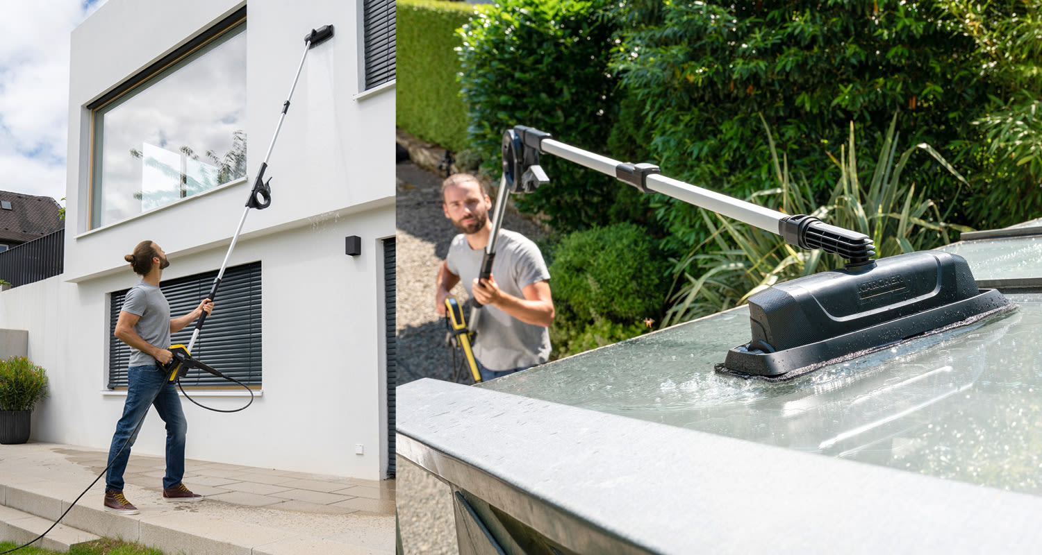 Mies pesemässä valkoisen talon korkeita ikkunoita ja lasikattoa kelta-mustalla teleskooppiharjalla.