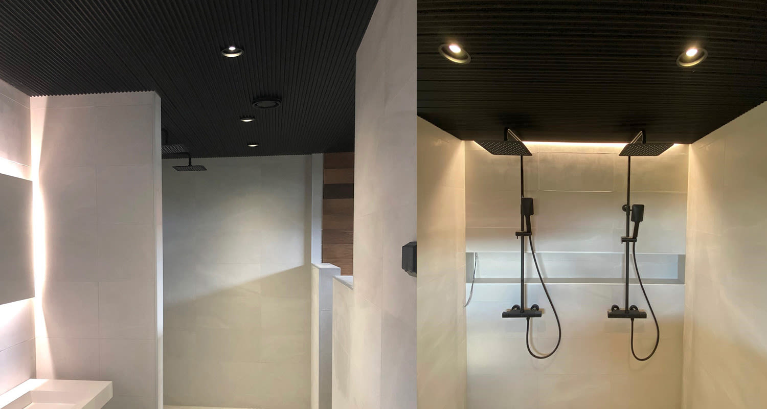 Siparila Vire mattamusta kattopaneeli pelkistetyssä kylpyhuoneessa, tuote myynnissä K-Raudassa