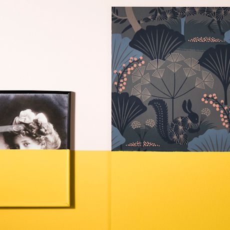 Keltainen alaosa ja valkoinen yläosa, mustavalkoinen kehyskuva ja siniharmaa metsätapetti oravalla