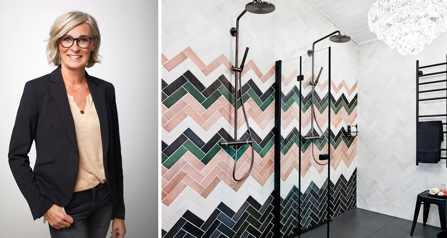 Henkilö mustassa bleiserissä ja beigen paidassa, taustalla suihku roosa-vihreä-musta-valkoinen siksaklaatoilla.