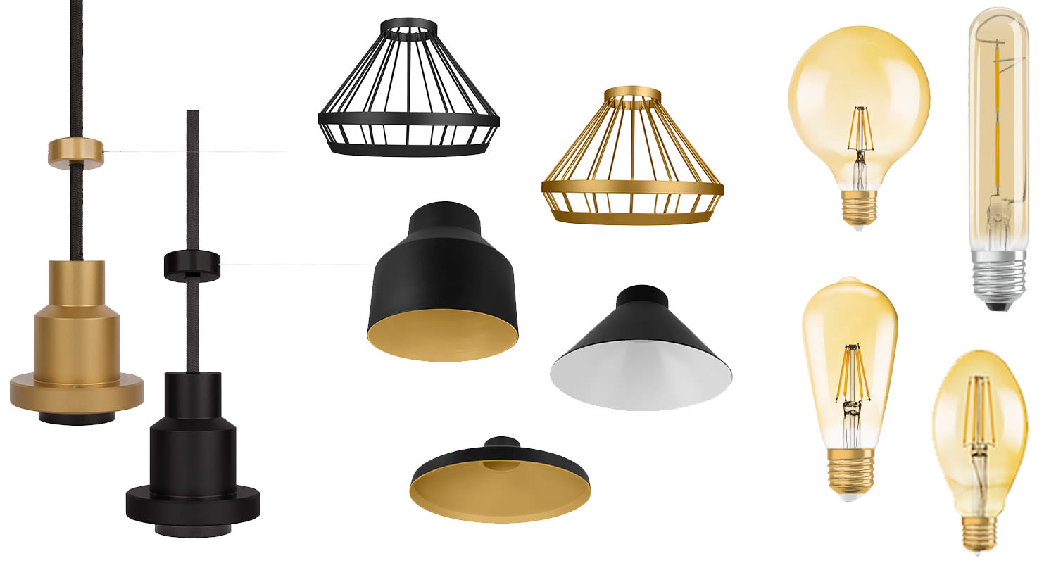 Kollaasissa mustia ja kultaisia riippuvalaisimia sekä erimallisia LED-filamenttilamppuja.